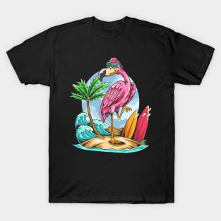 summer flamingos on the beach with coconut trees and surf boards T-Shirt